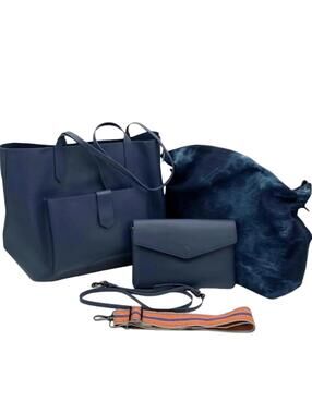 Charlie Was Here 3-Piece Navy Blue Tote and Clutch Bag Set with Adjustable Strap